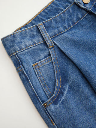 Washed Denim Mid Rise Strawberry Graphic Wide Leg Bermuda Shorts