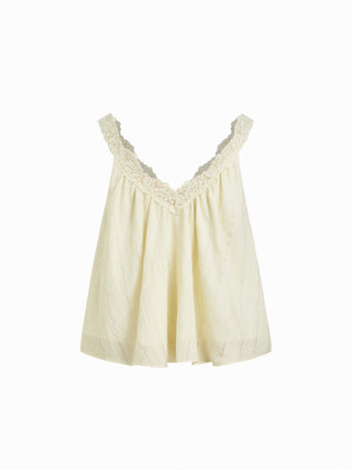 Textured V-neck Ruched Lace Trim Tank Blouse