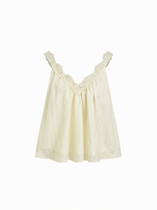 Textured V-neck Ruched Lace Trim Tank Blouse