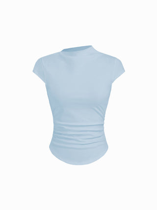 Cotton-blend Stand Collar Ruched Short Sleeve Tee