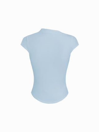 Cotton-blend Stand Collar Ruched Short Sleeve Tee