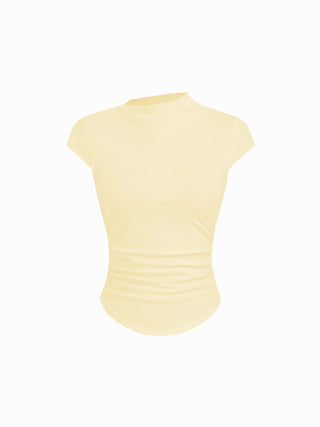 Cotton-blend Stand Collar Ruched Short Sleeve Tee