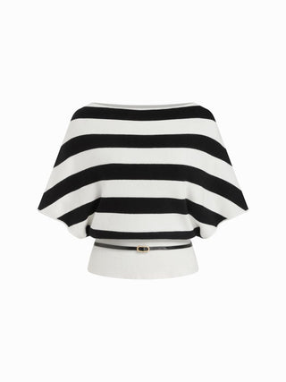Knit Boat Neck Batwing Sleeve Top With Belt