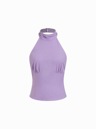 Linen-blend Halter Neck Ruched Backless Tank Top
