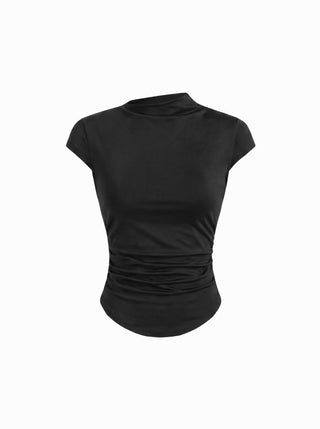 Cotton-blend Stand Collar Ruched Short Sleeve Tee