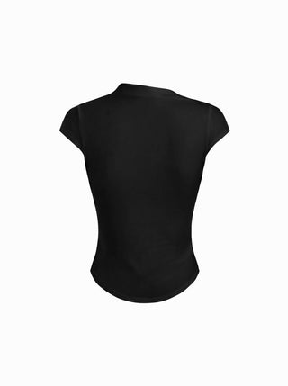 Cotton-blend Stand Collar Ruched Short Sleeve Tee