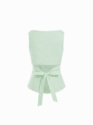 Linen-blend Boat Neck Lace Trim Knotted Sleeveless Blouse