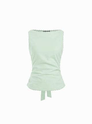 Linen-blend Boat Neck Lace Trim Knotted Sleeveless Blouse