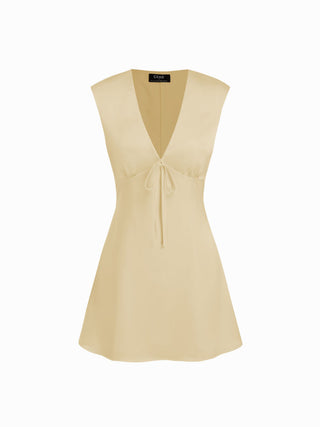 Satin V-neck Ruched Knotted Tie Back Mini Dress