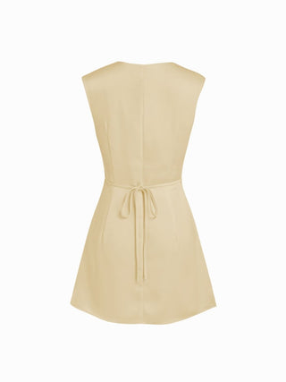 Satin V-neck Ruched Knotted Tie Back Mini Dress
