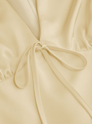 Satin V-neck Ruched Knotted Tie Back Mini Dress