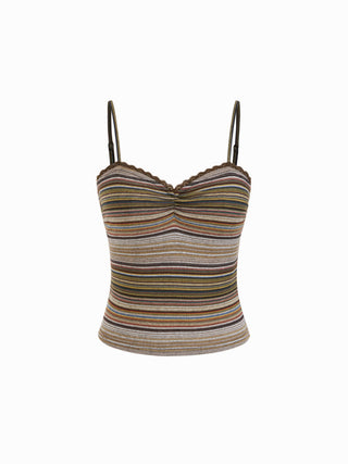 Stripe Sweetheart Neck Lace Trim Ruched Cami Top