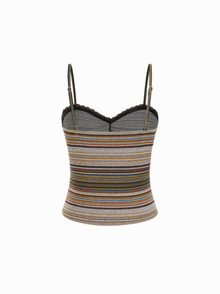 Stripe Sweetheart Neck Lace Trim Ruched Cami Top