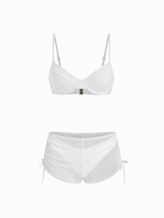 Sweetheart Underwire Ruched Mesh 3 Piece Bikini Set With Shorts
