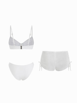 Sweetheart Underwire Ruched Mesh 3 Piece Bikini Set With Shorts