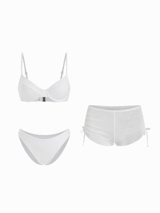 Sweetheart Underwire Ruched Mesh 3 Piece Bikini Set With Shorts