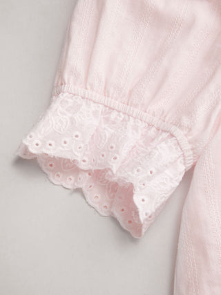 Cotton Lace Trim Knotted Short Puff Sleeve Blouse