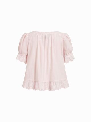 Cotton Lace Trim Knotted Short Puff Sleeve Blouse