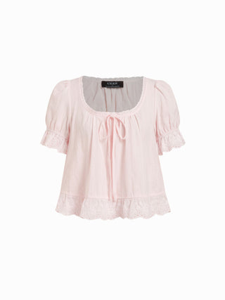 Cotton Lace Trim Knotted Short Puff Sleeve Blouse