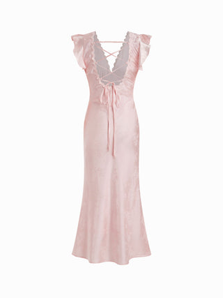 Satin Textured Floral V-neck Ruffle Sleeve Mermaid Maxi Dress