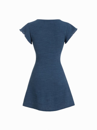 Textured V-neck Ruffle Sleeve Knotted Ruched A-line Mini Dress