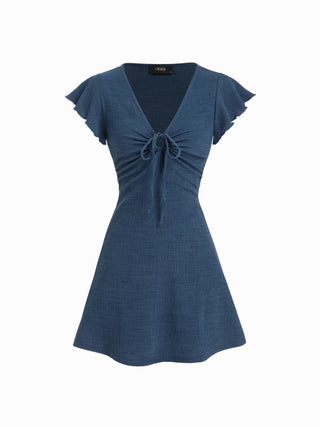 Textured V-neck Ruffle Sleeve Knotted Ruched A-line Mini Dress