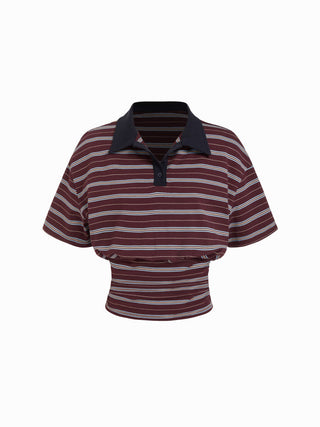 Cotton-blend Striped Polo Neck Short Sleeve Ruched Tee