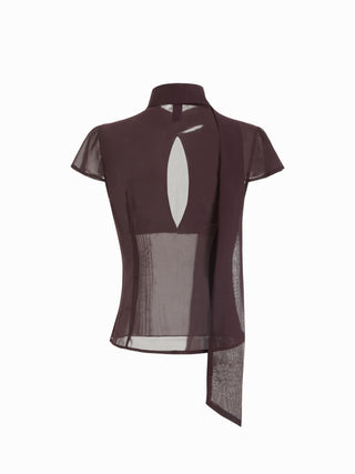 Chiffon Scarf Neck Short Sleeve Cut Out Pleated Blouse