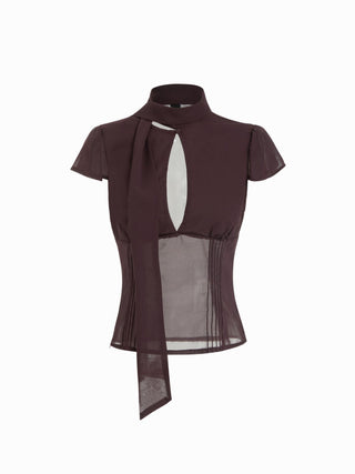 Chiffon Scarf Neck Short Sleeve Cut Out Pleated Blouse