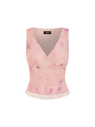 V-neck Floral Embroidery Sheer Tank Top