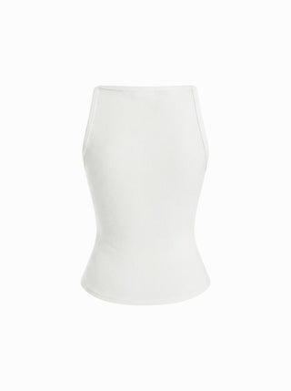 Cotton-blend High Stretch Boat Neck Ribbed Tank Top