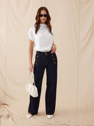 Stretch Denim High Rise Straight Leg Trousers With Metal Detail
