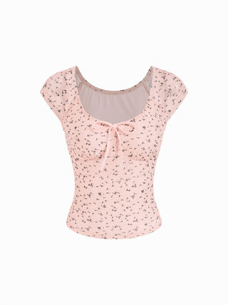 Ditsy Floral Scoop Neckline Knotted Short Sleeve Tee