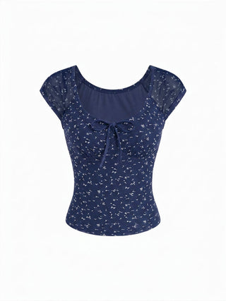 Ditsy Floral Scoop Neckline Knotted Short Sleeve Tee