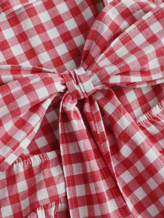 Cotton-blend Square Neck Gingham Bowknot Romper
