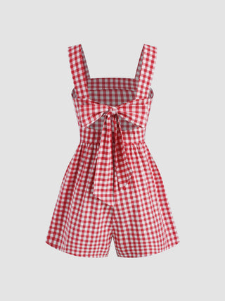 Cotton-blend Square Neck Gingham Bowknot Romper