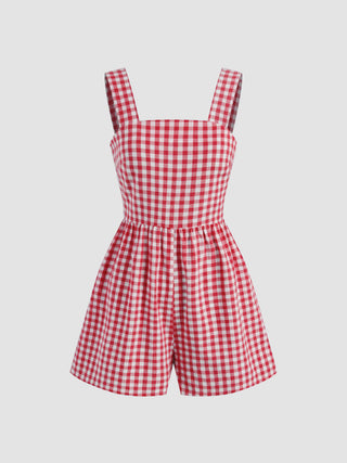 Cotton-blend Square Neck Gingham Bowknot Romper