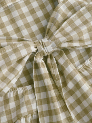 Cotton-blend Square Neck Gingham Bowknot Romper
