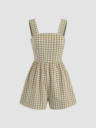 Cotton-blend Square Neck Gingham Bowknot Romper