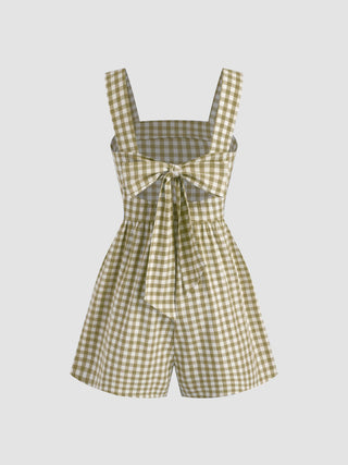 Cotton-blend Square Neck Gingham Bowknot Romper