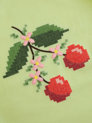 Linen-blend Halter Neckline Tie Back Cherry Embroidery Top