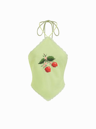 Linen-blend Halter Neckline Tie Back Cherry Embroidery Top