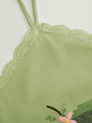 Linen-blend Halter Neckline Tie Back Cherry Embroidery Top