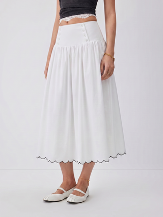 Linen-blend Low Rise Button Detail Scalloped Hem Flared Maxi Skirt