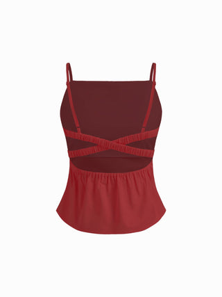 Linen-blend Ruched Criss Cross Backless Cami Top With Mini Skirt Set