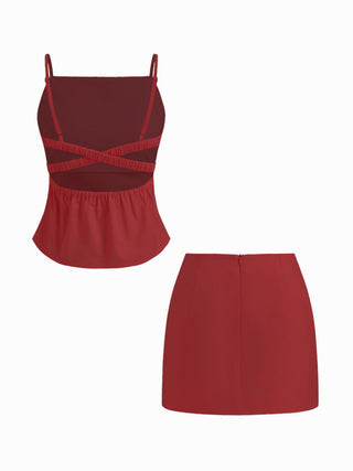 Linen-blend Ruched Criss Cross Backless Cami Top With Mini Skirt Set