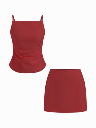 Linen-blend Ruched Criss Cross Backless Cami Top With Mini Skirt Set