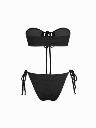 Halter Neckline Textured Ring Linked Bandeau Tie Side Bikini Set With Skirt