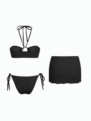 Halter Neckline Textured Ring Linked Bandeau Tie Side Bikini Set With Skirt