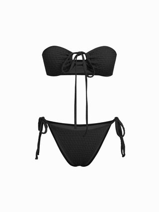 Halter Neckline Textured Ring Linked Bandeau Tie Side Bikini Set With Skirt